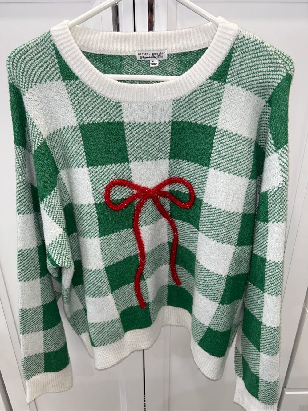 Better Together Holiday Plaid Sweater with Red Bow Size X-Large